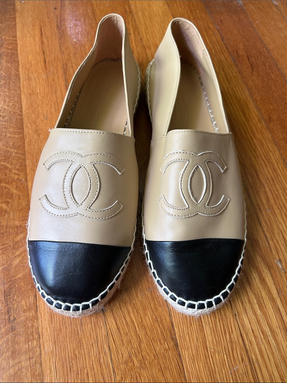 CHANEL Beige Leather Espadrilles with Black Cap Toe